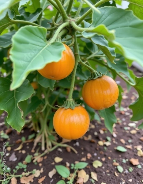 Fototapeta the image captures a close up view of a plant bearing several vibrant, orange colored fruits, each appearing round and smooth