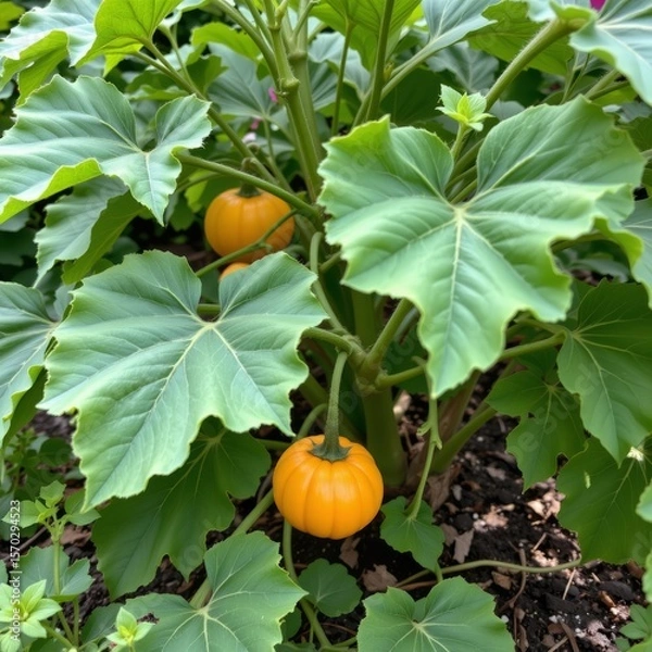 Fototapeta the image shows a plant with large, green leaves and small, bright orange fruits growing in a garden setting