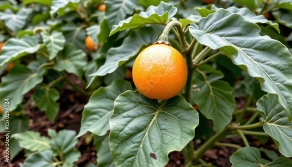 Fototapeta the image features an orange spherical fruit nestled among broad, textured green leaves. the leaves have wavy edges and prominent veins, giving them a corrugated appearance