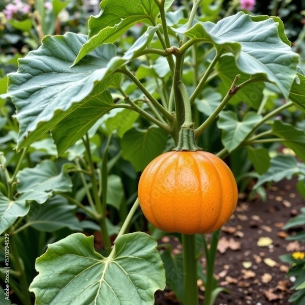 Fototapeta the close up shows a small, round, orange vegetable growing in a garden. the vegetable is suspended from a green stem surrounded by large, leafy green foliage