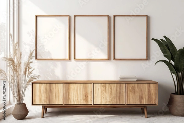 Fototapeta Three blank wooden picture mock up frames on a white wall above a wooden sideboard in a minimalist living room with natural decor elements