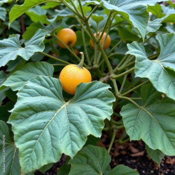 Fototapeta the image showcases a cluster of vibrant yellow, round fruits nestled among large, green leaves with prominent veins