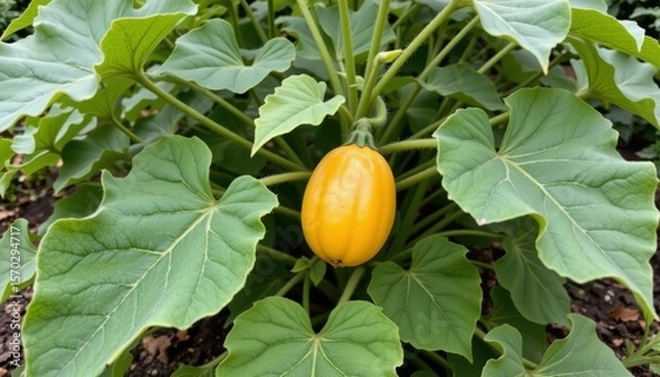 Fototapeta the image features a vibrant plant with an eye catching, bright yellow fruit at its center