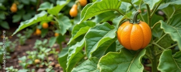 Fototapeta the image features a close up of an orange, round fruit growing among large green leaves and stems in an outdoor setting