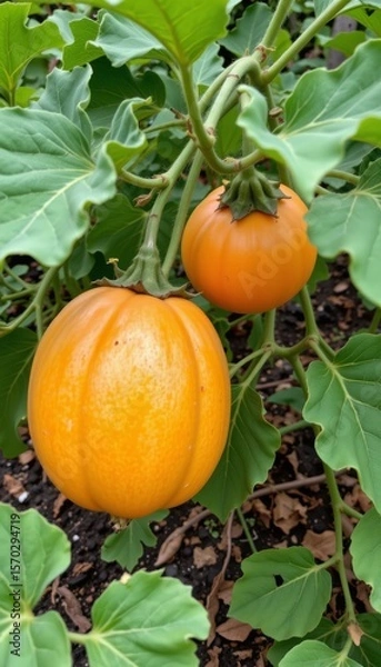 Fototapeta the image showcases two round, orange fruits hanging from a plant, appearing almost pumpkin like in shape and color