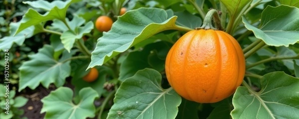 Fototapeta the image features a small orange gourd growing amidst green foliage in an outdoor setting