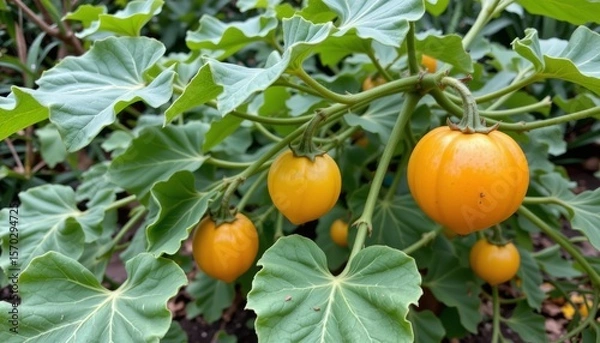 Fototapeta this image showcases a plant with rounded yellow fruits growing among verdant foliage