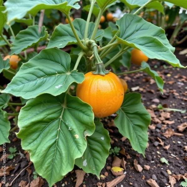 Fototapeta the image shows a vibrant plant with several round, orange fruits. these fruits hang from short stems amongst a dense arrangement of large, green leaves