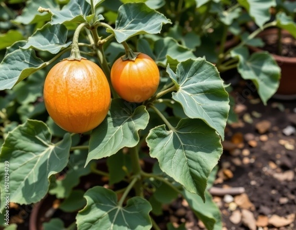 Fototapeta this image features a close up of a plant with large, broad green leaves and bright orange, round fruits. the fruits hang from stems connected to the main plant