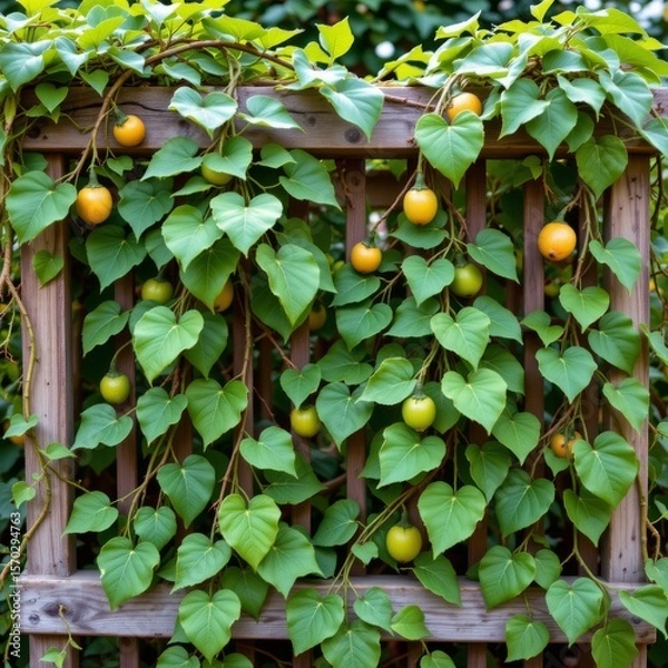 Fototapeta a wooden trellis is covered with a vine. the vine has vibrant green, heart shaped leaves. hanging among the leaves are round fruits in shades of green and yellow