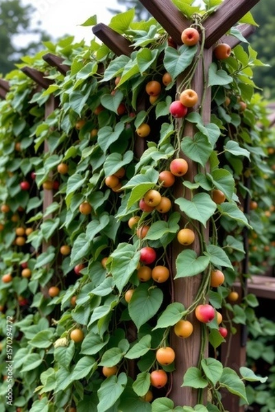 Fototapeta this is a close view of a wooden structure completely covered with a green leafy plant with small orange to red fruits