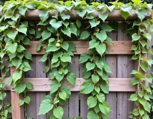 Fototapeta a trellis filled with verdant, heart shaped leaves stands against a textured, vertically paneled fence. the leaves cascade down the trellis, creating a lush, vibrant display