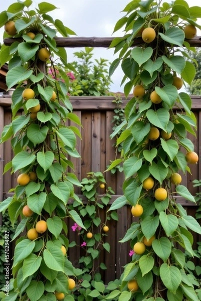 Fototapeta in an outdoor setting, two plant covered posts stand prominently against a backdrop of a tall wood fence and additional green foliage