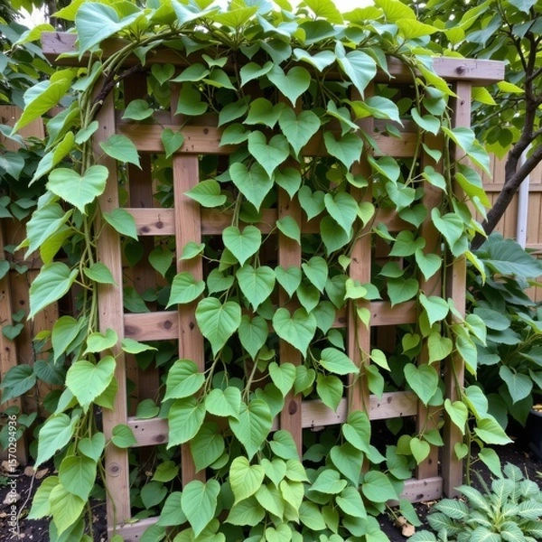 Fototapeta the image shows a wooden lattice structure covered in vibrant green foliage, likely situated in an outdoor garden