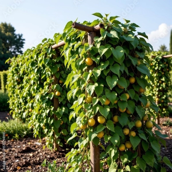 Fototapeta the image features a series of plants growing on wooden supports in an outdoor setting. the plants are covered in green foliage and produce round, yellow fruits