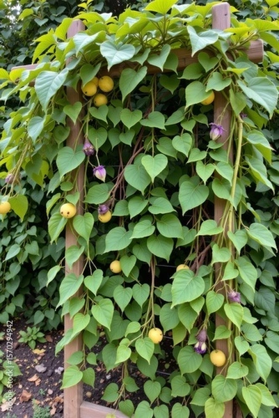Fototapeta the image features a wooden structure covered with climbing vegetation. heart shaped green leaves densely cover the frame, interspersed with round, yellow fruit