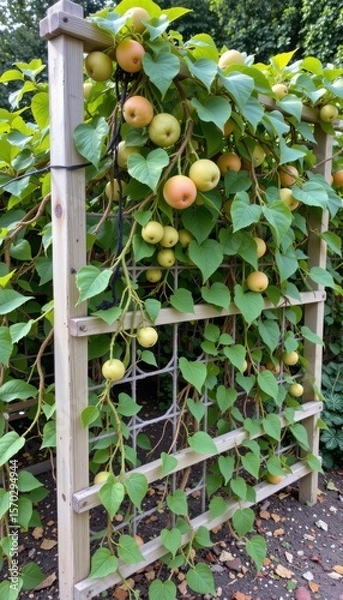 Fototapeta a climbing plant with round, fruit hangs from a trellis in an outdoor setting. the plant has large, heart shaped leaves and fruit ranging in color from green to golden yellow