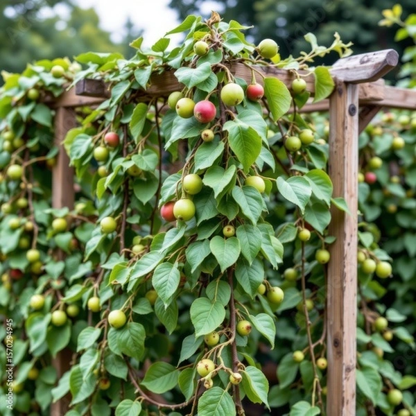 Fototapeta a wooden structure is covered by a climbing plant with green leaves and round fruits. some of the fruits are green and others are red, hanging among the foliage