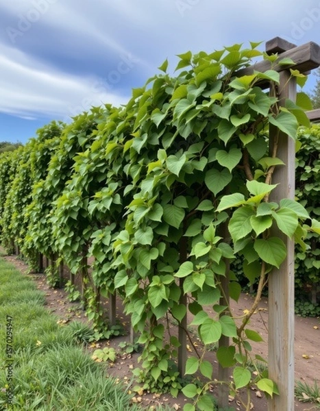 Fototapeta the photograph shows a row of plants growing on a support structure against a cloudy blue sky. the plants have bright green, heart shaped leaves that densely cover the structure