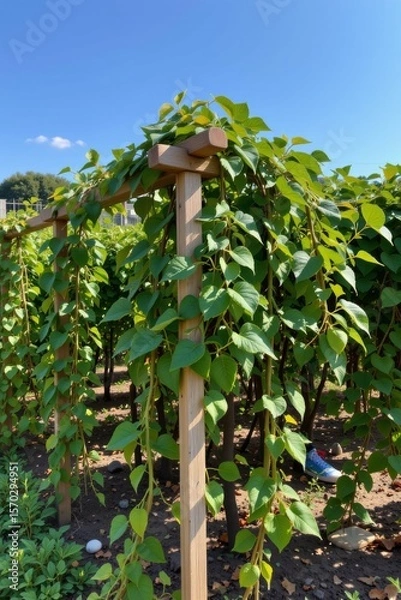 Fototapeta the image displays a structure with climbing plants under a bright blue sky. the climbing greenery drapes down from a wooden frame, creating a curtain like effect