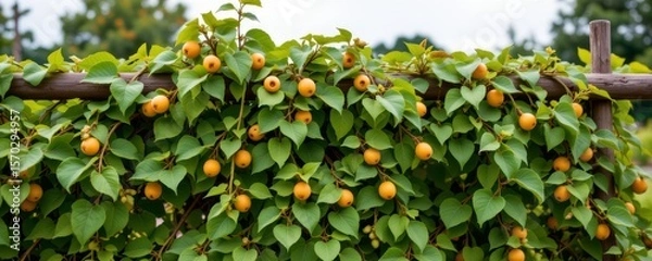 Fototapeta a vibrant scene features a trellis covered in lush green foliage and numerous yellow fruits