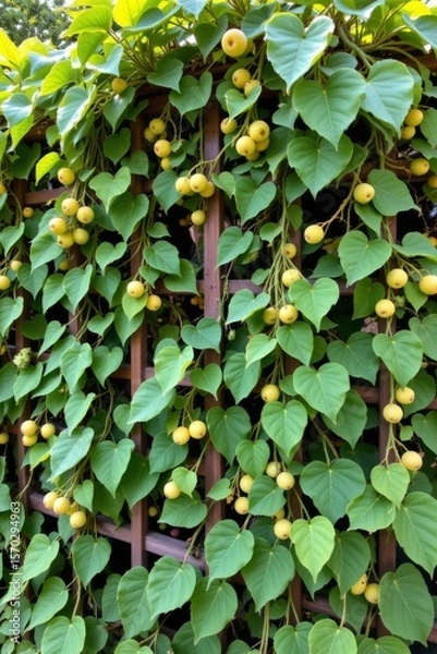 Fototapeta a close up shot captures a fence densely covered with a lush vine. the leaves are broad, heart shaped, and a vibrant green, creating a wall of foliage
