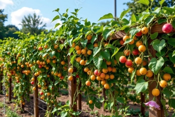 Fototapeta the image features a line of woody trellises covered in a vibrant vine with green foliage and a profusion of small, round fruits