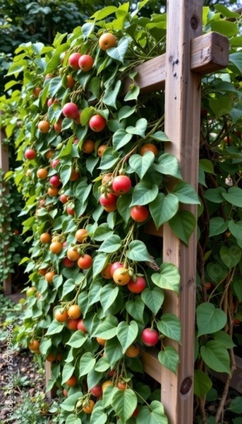 Fototapeta a wooden trellis is covered in climbing plants with vibrant green heart shaped leaves