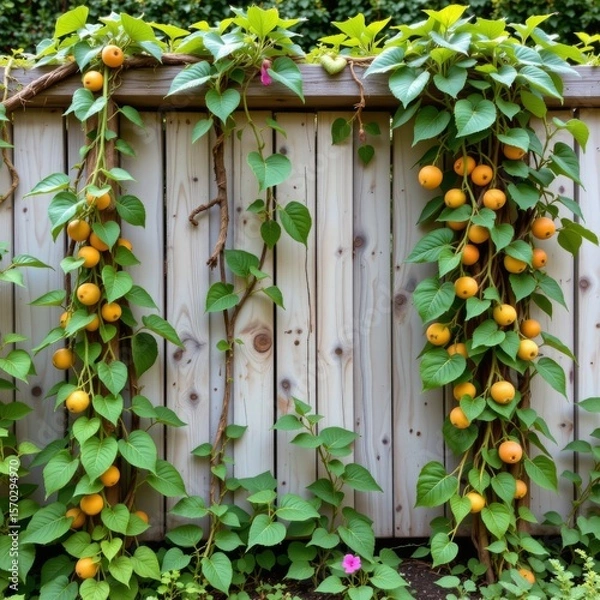 Fototapeta a light colored wood fence provides a backdrop for vines covered in lush green leaves and orange, rounded fruits