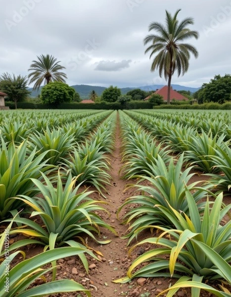 Fototapeta the image shows a cultivated field with rows of leafy plants stretching into the distance. the plants have spiky, green leaves with yellow edges