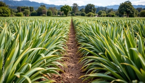 Fototapeta the image depicts a field of long, pointed green plants growing in neat rows with a visible path between them