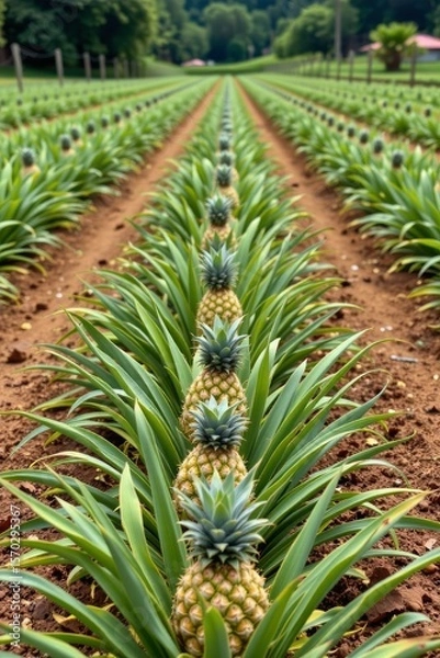 Fototapeta the image displays a vast agricultural field filled with rows of spiky plants bearing ripe yellow fruit