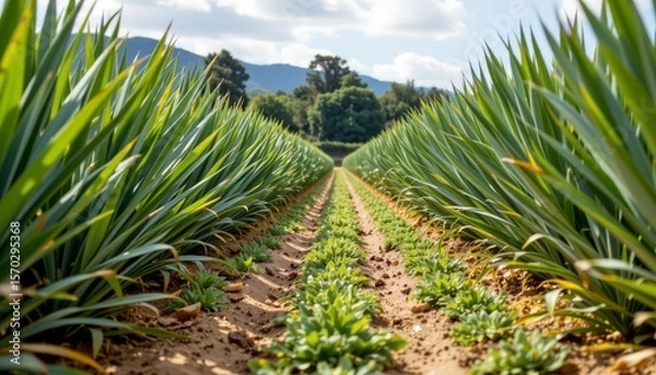 Fototapeta the image presents a neatly organized field with rows of spiky, green plants stretching into the distance