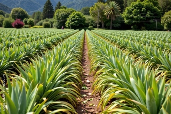 Fototapeta the image shows a large agricultural field filled with rows of green, spiky plants. these rows are separated by paths of dirt, creating a structured and orderly landscape