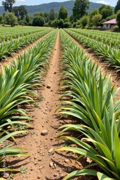 Fototapeta the image showcases a vibrant field filled with rows of green, leafy plants stretching into the distance