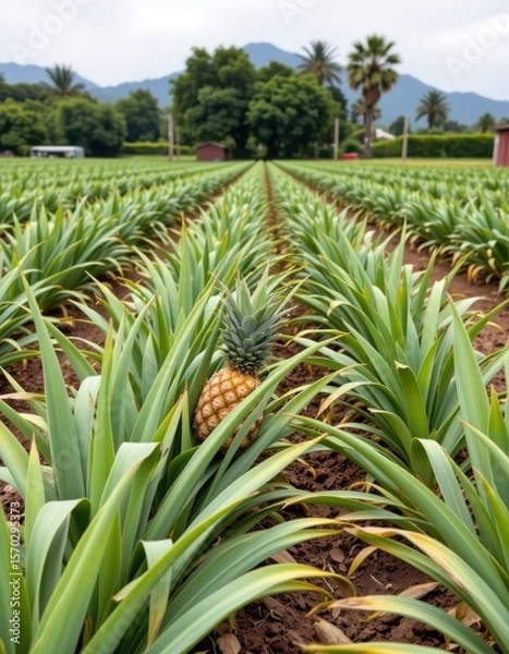Fototapeta the image showcases a field of spiky leaved plants with a ripe fruit nestled amongst them in the foreground