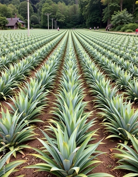 Fototapeta the image captures a large field filled with rows of plants that have pointed leaves. the rows extend far into the distance, converging towards the center of the image