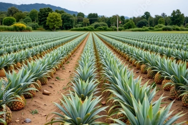 Fototapeta the image shows a field cultivated with rows of a tropical fruit. the fruits are visible along the rows on the dirt ground, each crowned with spiky green leaves