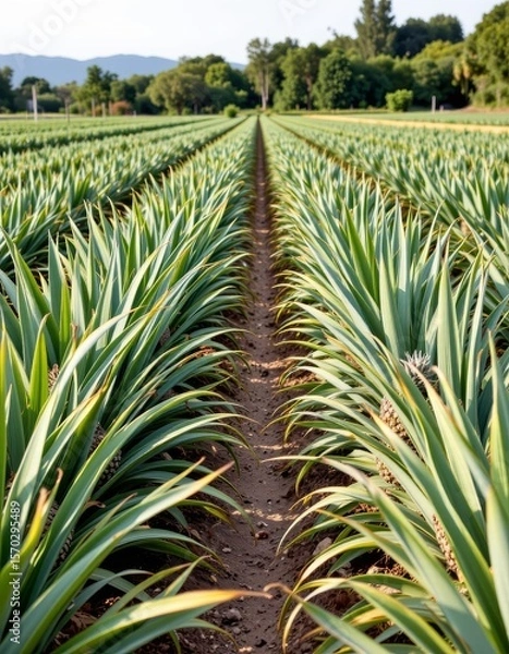 Fototapeta the image shows a cultivated field with rows of plants stretching into the distance. the plants feature long, pointed leaves that create a pattern