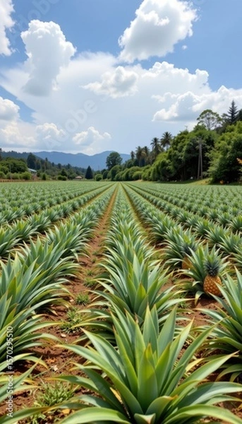 Fototapeta the scene presents a large field filled with numerous plants arranged in long, straight rows that recede into the distance