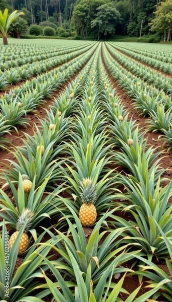 Fototapeta the image features long, symmetrical rows of a crop stretching out into the distance. each plant has multiple spiky green leaves, with some plants bearing a single mature fruit