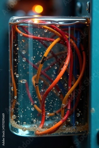 Fototapeta Intricate Electrical Wiring Submerged in Translucent Oil Close-Up View of Transformer Interior