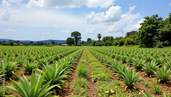 Fototapeta the image shows a large agricultural field with rows of spiky plants extending towards the horizon. between the rows are grasses and small wildflowers
