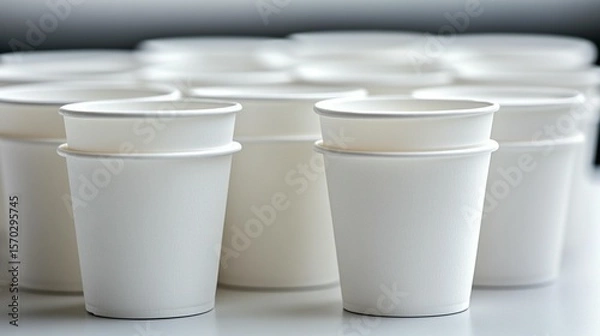 Obraz Many plain white disposable paper coffee cups stacked and arranged on a white surface
