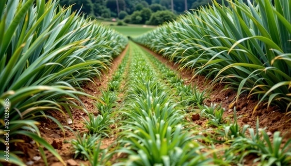 Fototapeta the image depicts a field of crops in rows. the plants in the foreground appear mature and are larger with pointed green leaves