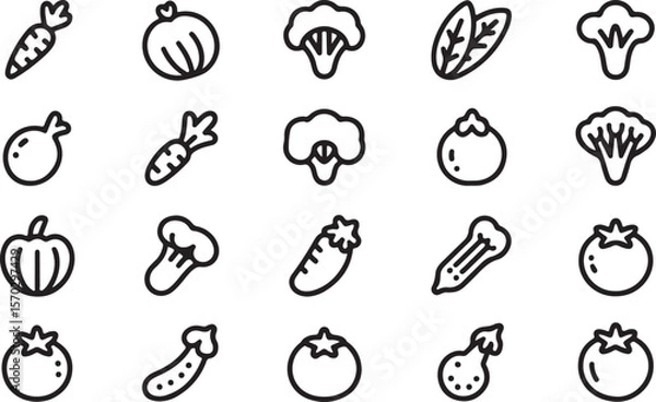 Fototapeta Healthy Food Line Icons. Editable Stroke.Vegetables line icon set. Vector pictograms of broccoli, potato, onion, garlic, lettuce, spinach, pepper, cucumber, pumpkin, turnip, celery, cabbage, mushroom,