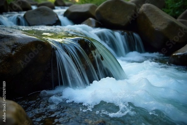 Fototapeta Serene Rocky Riverbed Cascade  Close-up of glistening water streaming over smooth, dark stones, creating small waterfalls and whitewater. Perfect for nature, background, and power imagery.