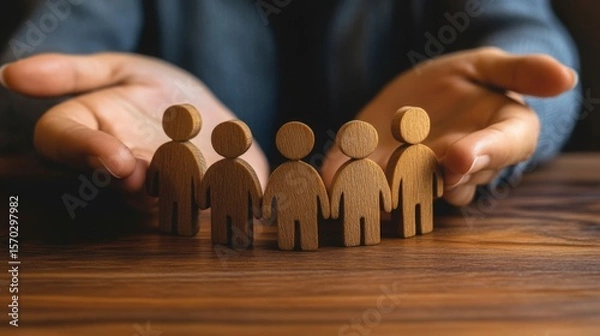 Fototapeta Hands protectively surrounding a row of wooden human figures symbolizing care, A professional team engages in customer managed relationship (CMR) strategies