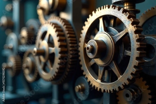 Fototapeta Intricate Gear System Close-up of Mechanical Advantage in Engineering Design