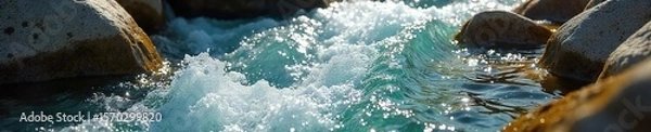 Fototapeta Crystal Clear Stream Water Flowing Over Smooth Rocks in Sunlight, Glistening Highlights, Nature Serenity, Relaxation